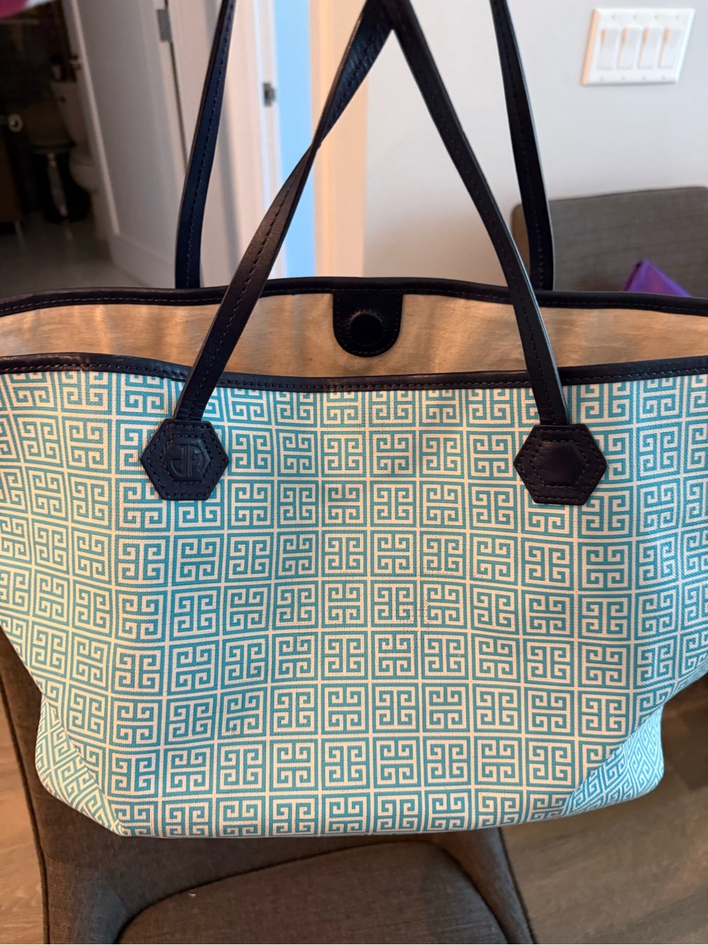 Jonathan Adler Duchess Medium E/W Tote Blue Greek Key – $198 Retail
